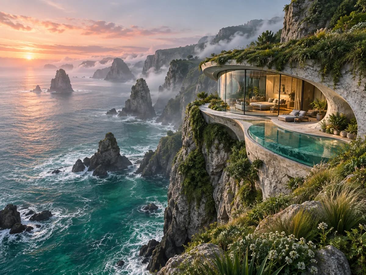 AI-generated futuristic coastal house concept above the ocean