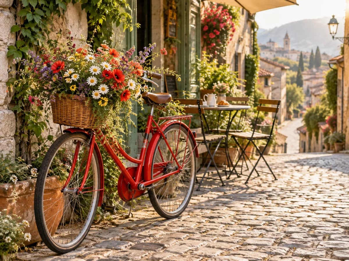 AI-generated red bicycle with flowers beside a European street cafe