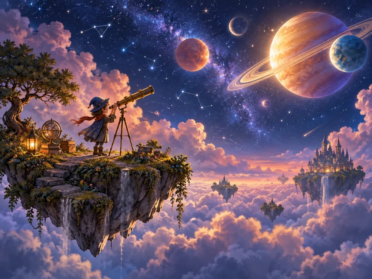 AI-generated storybook illustration of an astronomer on a floating island