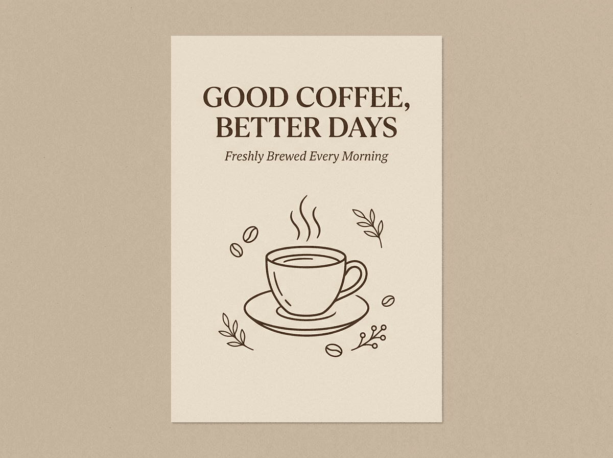 Beige coffee shop poster with GOOD COFFEE, BETTER DAYS headline and Freshly Brewed Every Morning subtitle generated with Nano Banana 2.1