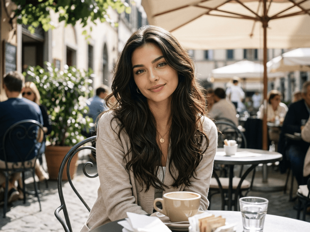 Woman seated at an outdoor café in soft natural light generated with Nano Banana 2.1