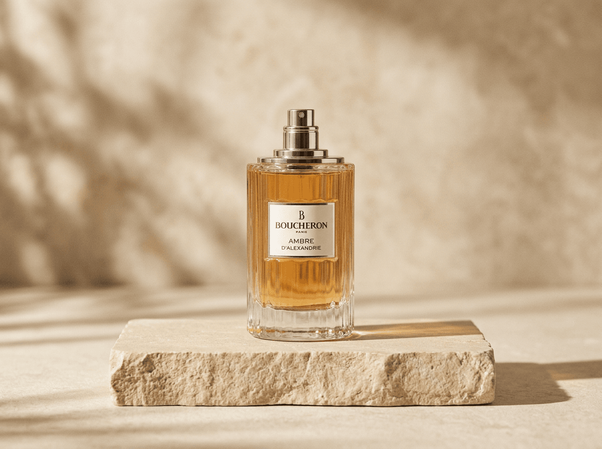Perfume bottle on a beige stone pedestal in soft natural sunlight generated with Nano Banana 2.1
