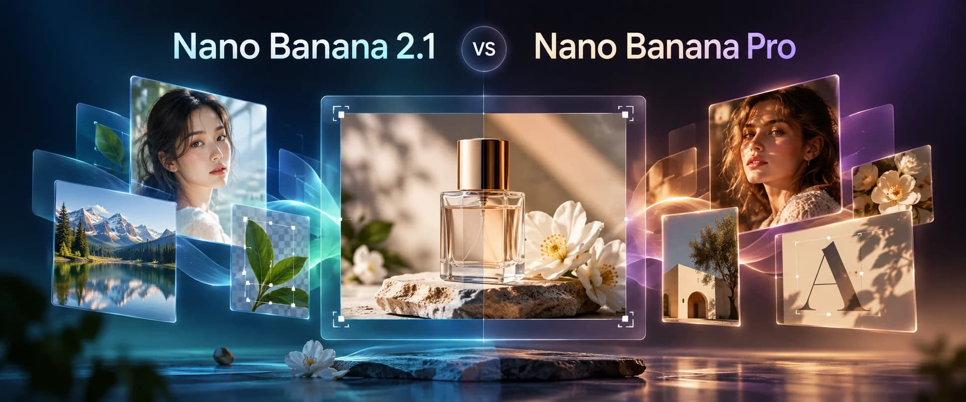 Conceptual Nano Banana 2.1 and Pro comparison with portrait, product photography, and editing panels