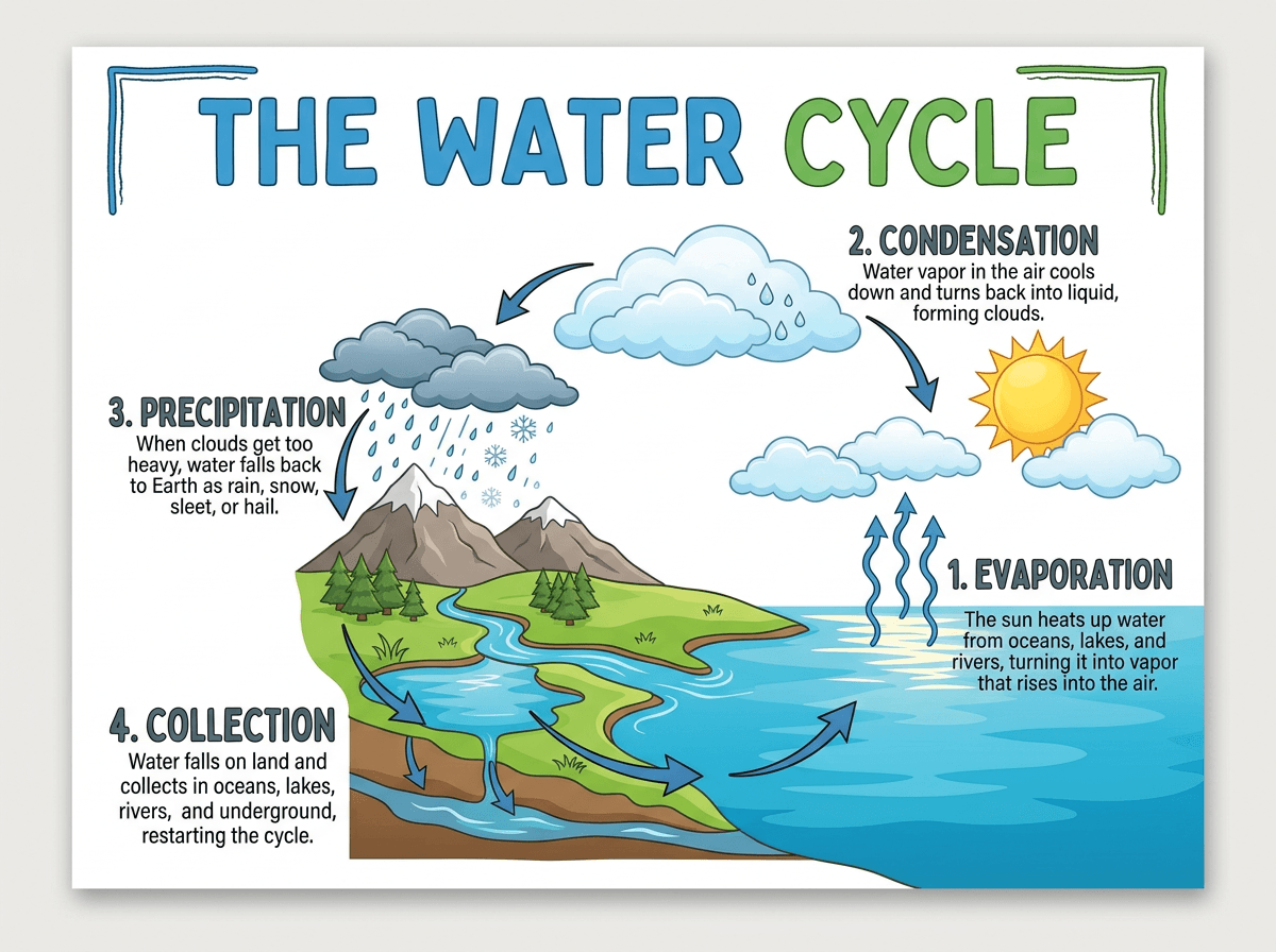 Water cycle infographic with Evaporation, Condensation, Precipitation, and Collection stages generated with Nano Banana 2.1