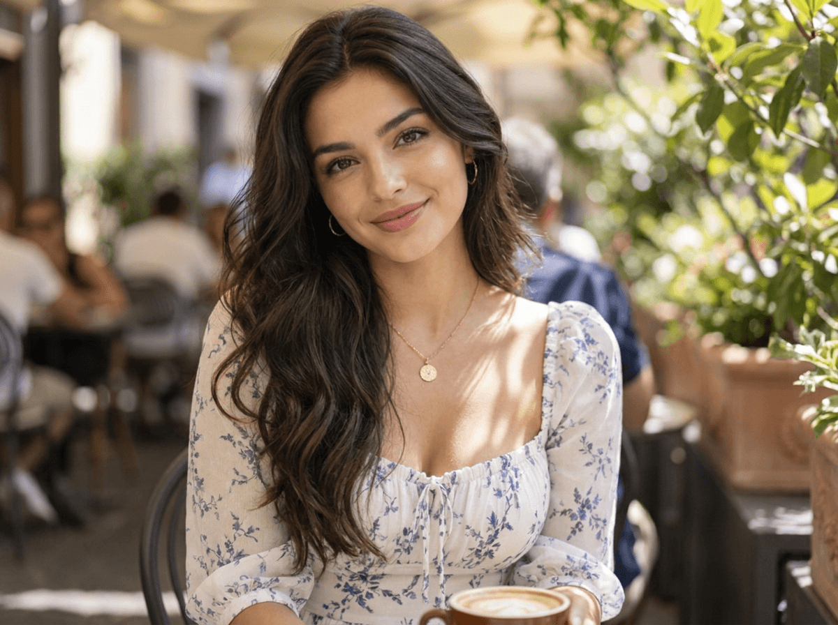 Woman seated at an outdoor café in soft natural light generated with Nano Banana Pro