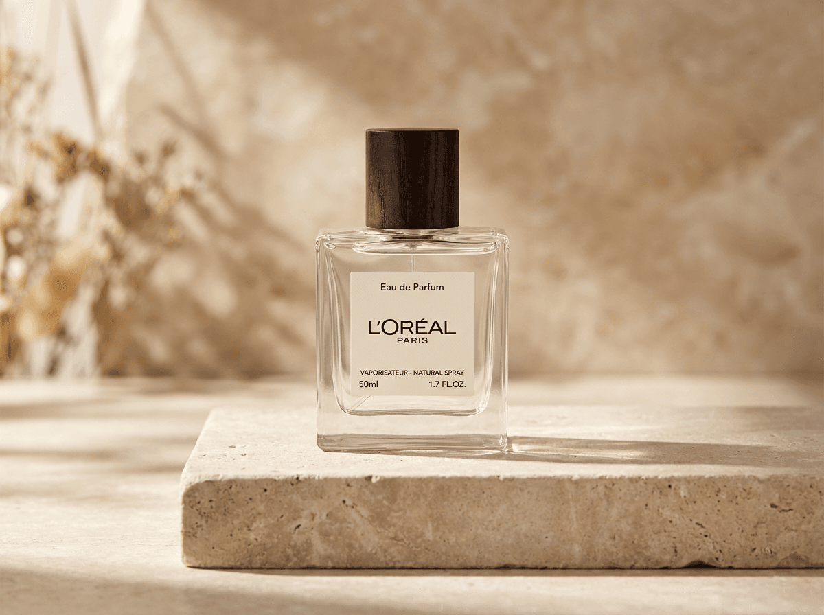 Perfume bottle on a beige stone pedestal in soft natural sunlight generated with Nano Banana Pro