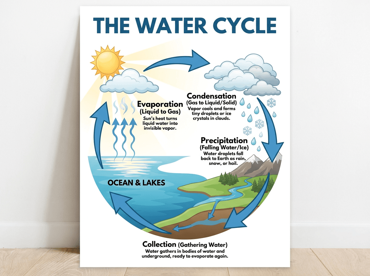 Water cycle infographic with Evaporation, Condensation, Precipitation, and Collection stages generated with Nano Banana Pro