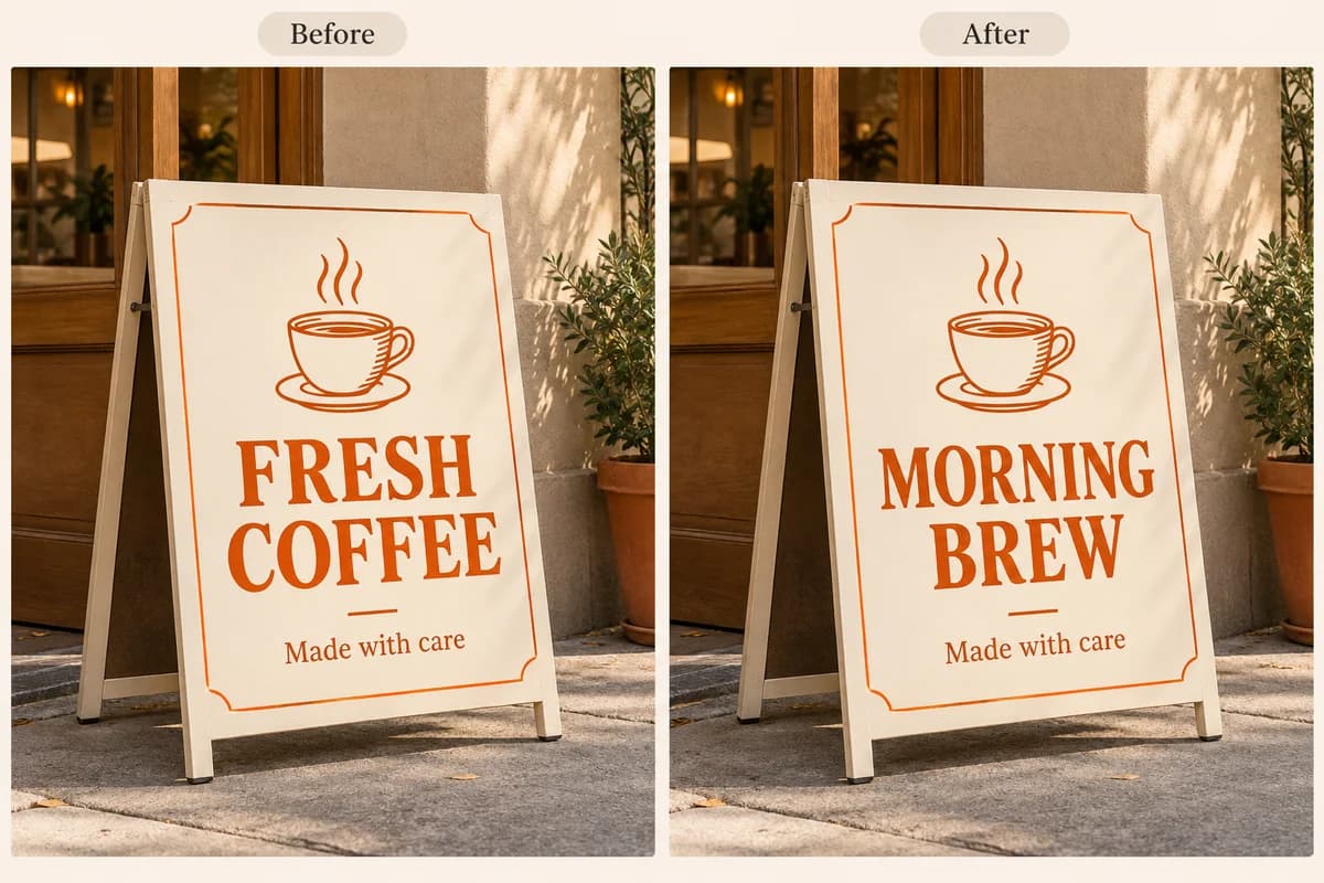 Cafe sign headline changed from FRESH COFFEE to MORNING BREW while retaining the sign design