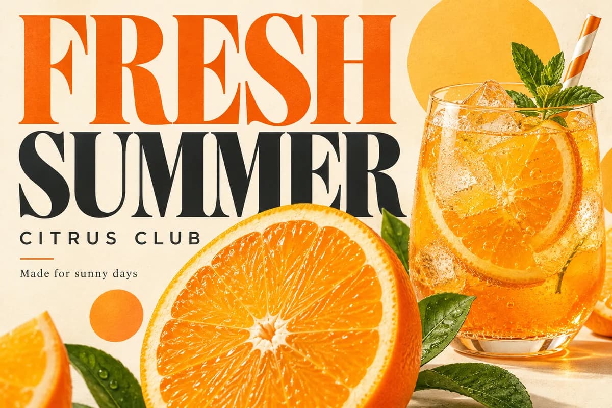 Summer citrus drink poster with FRESH SUMMER typography, orange slices, and a sparkling drink