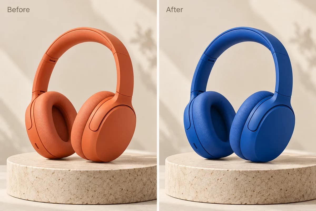 Orange over-ear headphones recolored blue with the same shape, angle, and studio background