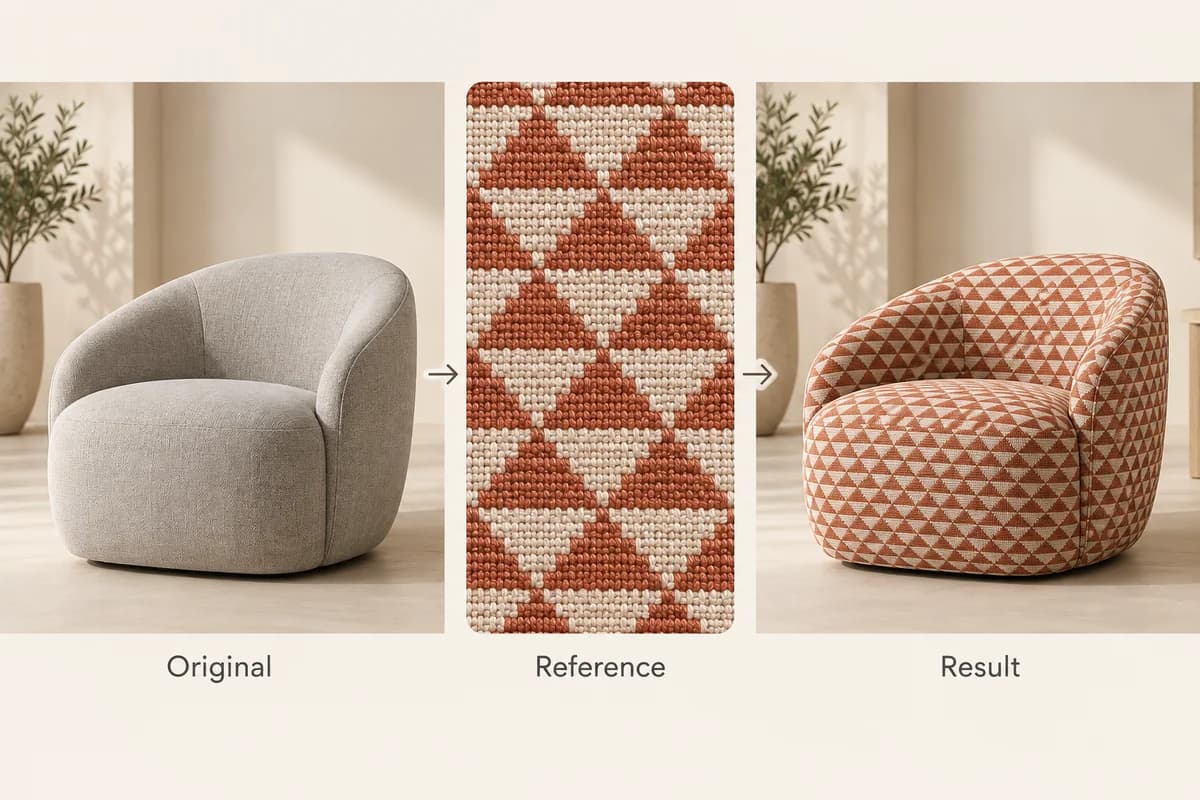 Gray lounge chair, terracotta geometric fabric reference, and the chair with matching patterned upholstery