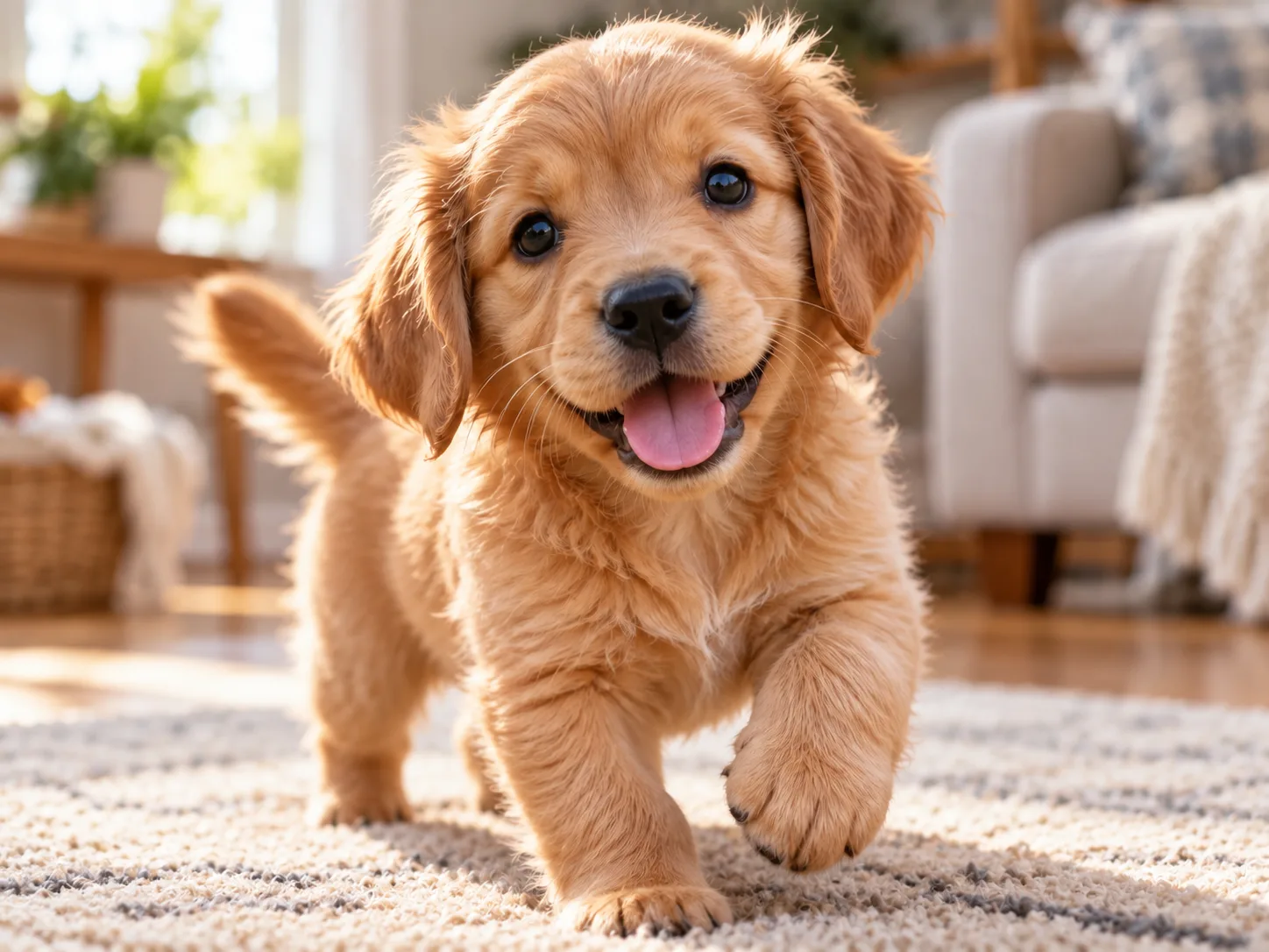 Original golden retriever puppy indoors on a living room rug