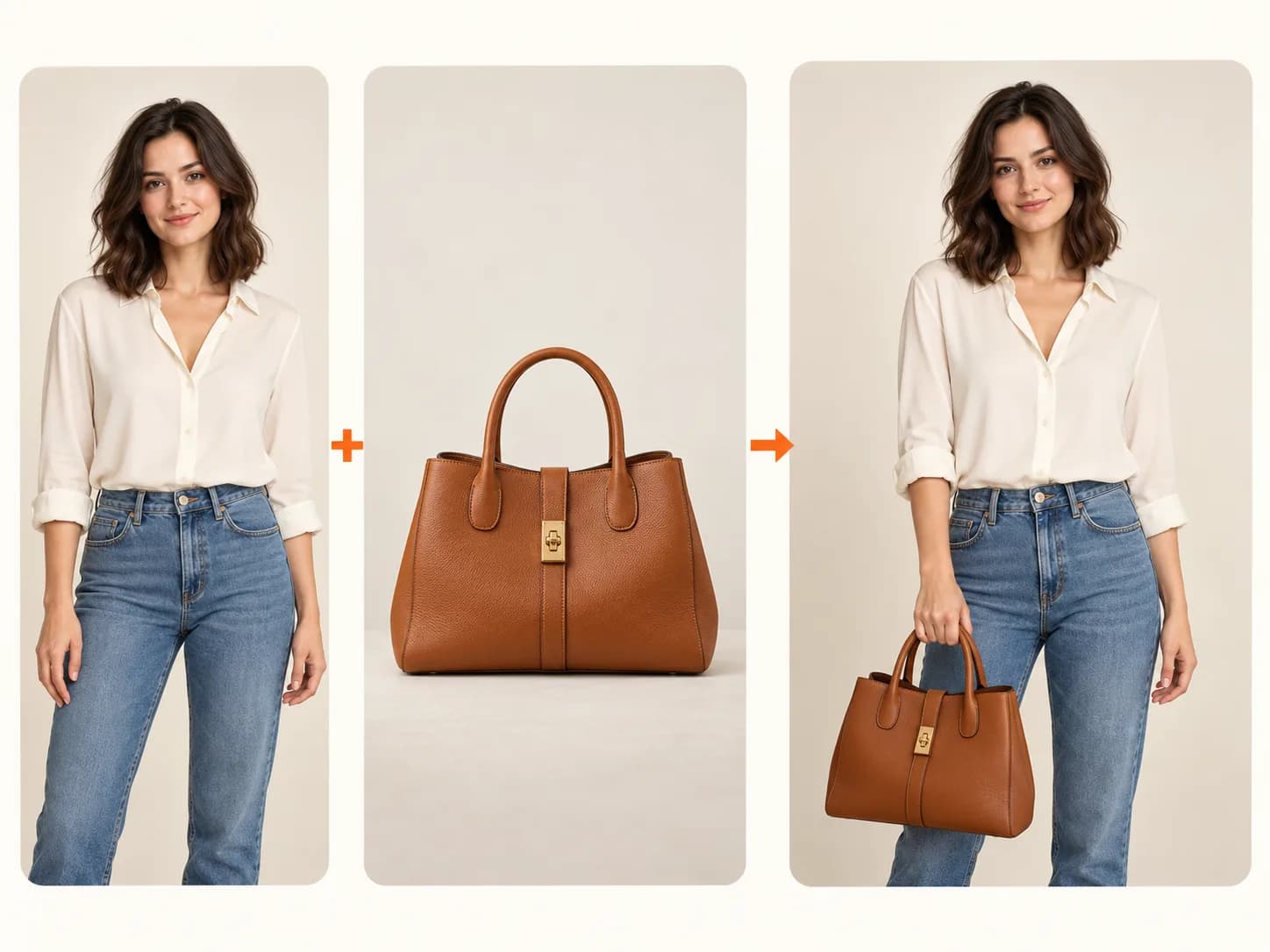 Multi-image composition illustration showing a woman plus a brown handbag on the left and the same woman holding the handbag on the right