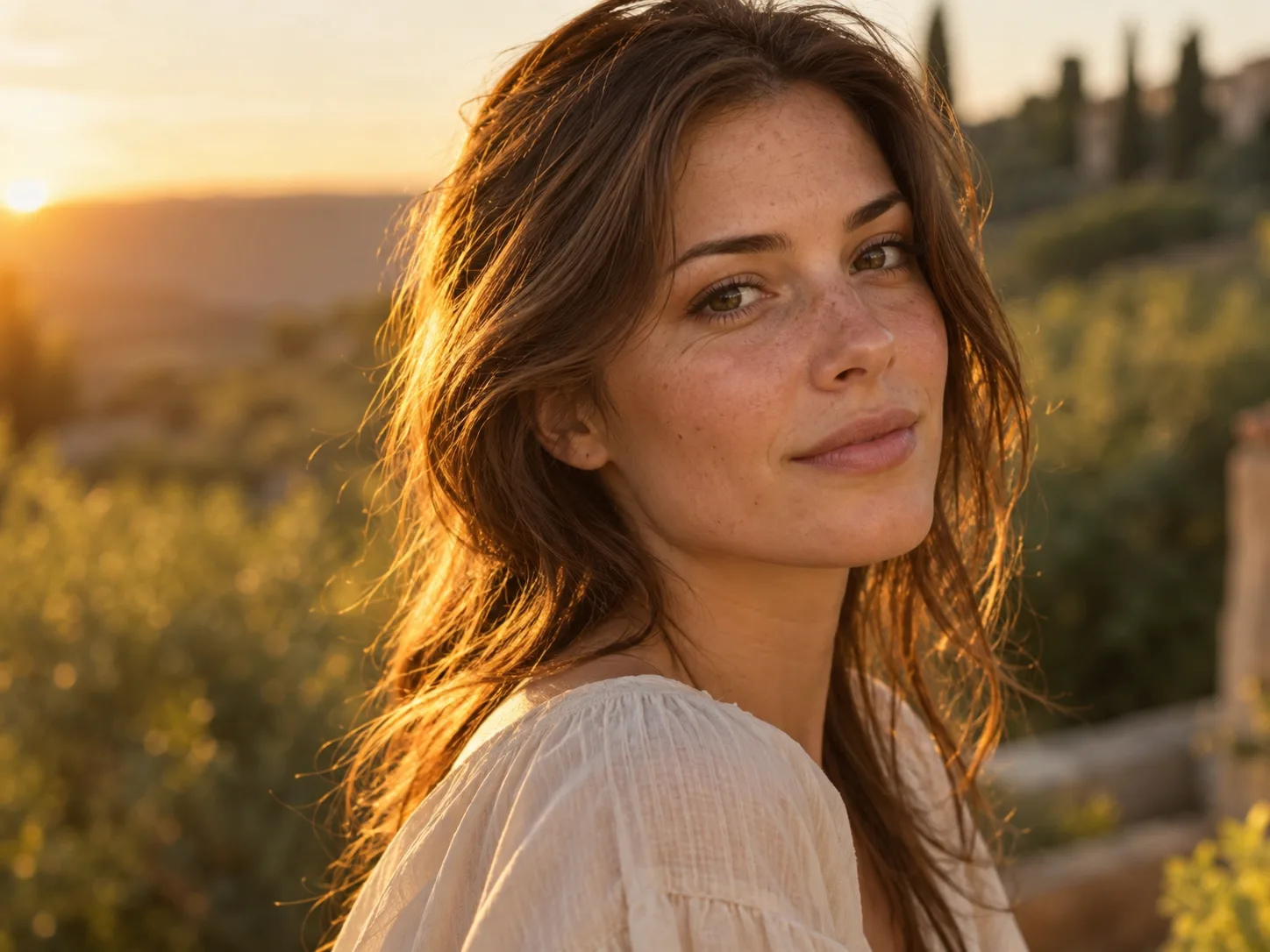 Realistic editorial portrait of a young woman in golden-hour sunlight with natural skin texture