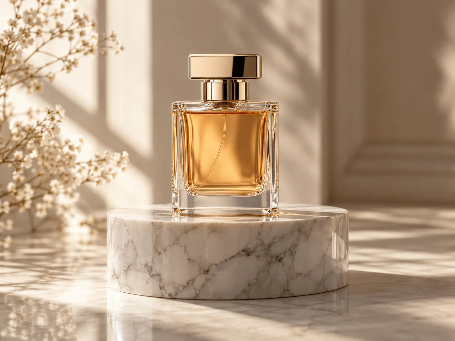 Luxury perfume bottle on a polished marble pedestal with natural lighting and soft shadows