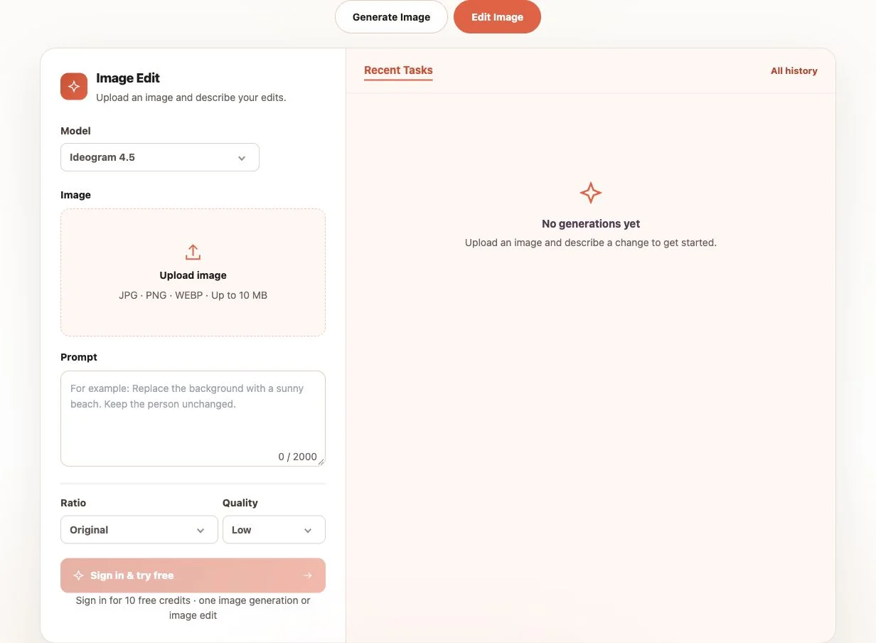How to use Ideogram 4.5 Precise Edit online: Edit Image, model selector, upload, prompt, and quality controls