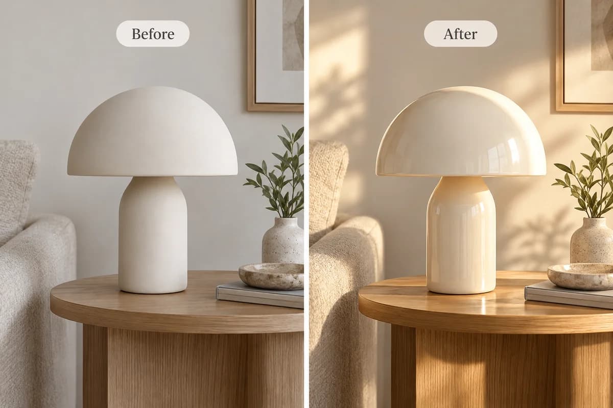 Conceptual lamp illustration showing a matte surface in cool light and a glossy surface in warm light
