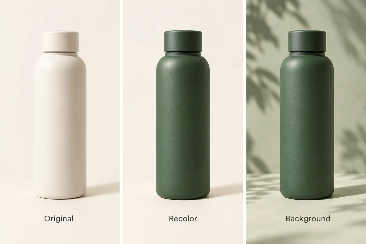 Conceptual multi-step image editing comparison: cream bottle, green bottle, then a new background