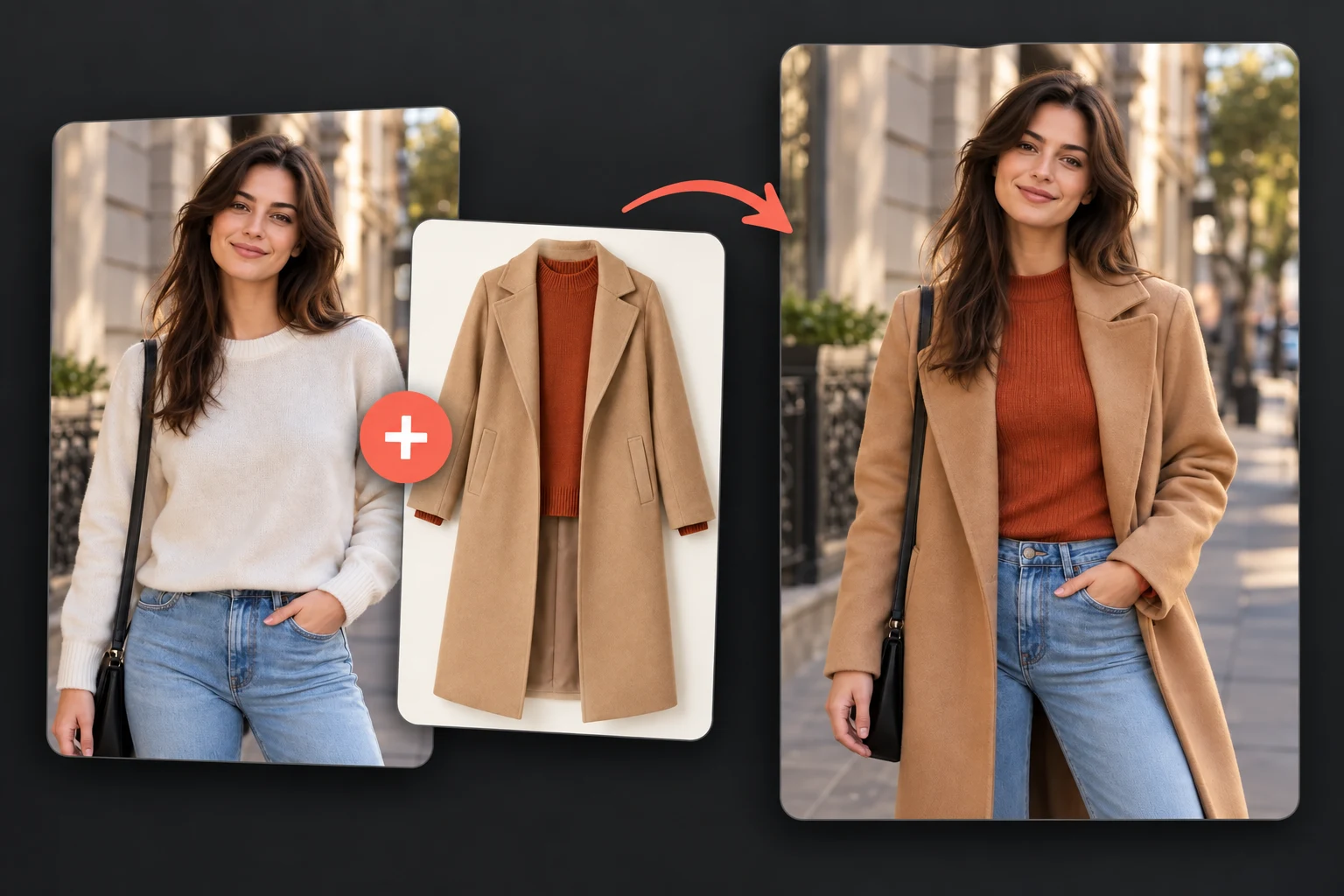 AI outfit change from a sweater to a camel coat look case study showing a person photo, outfit reference, and result