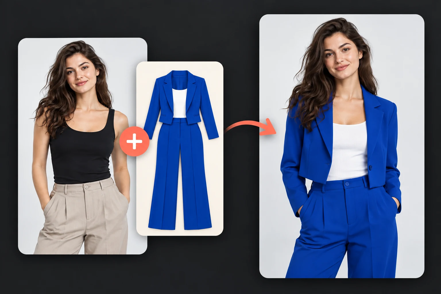 AI outfit changer creating a cobalt-blue suit case study showing a person photo, outfit reference, and result