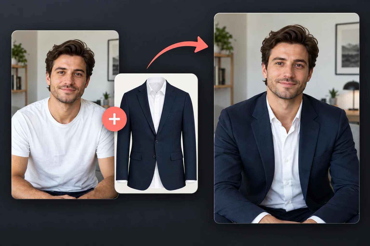 AI clothes change from a T-shirt to a tailored navy blazer case study showing a person photo, outfit reference, and result