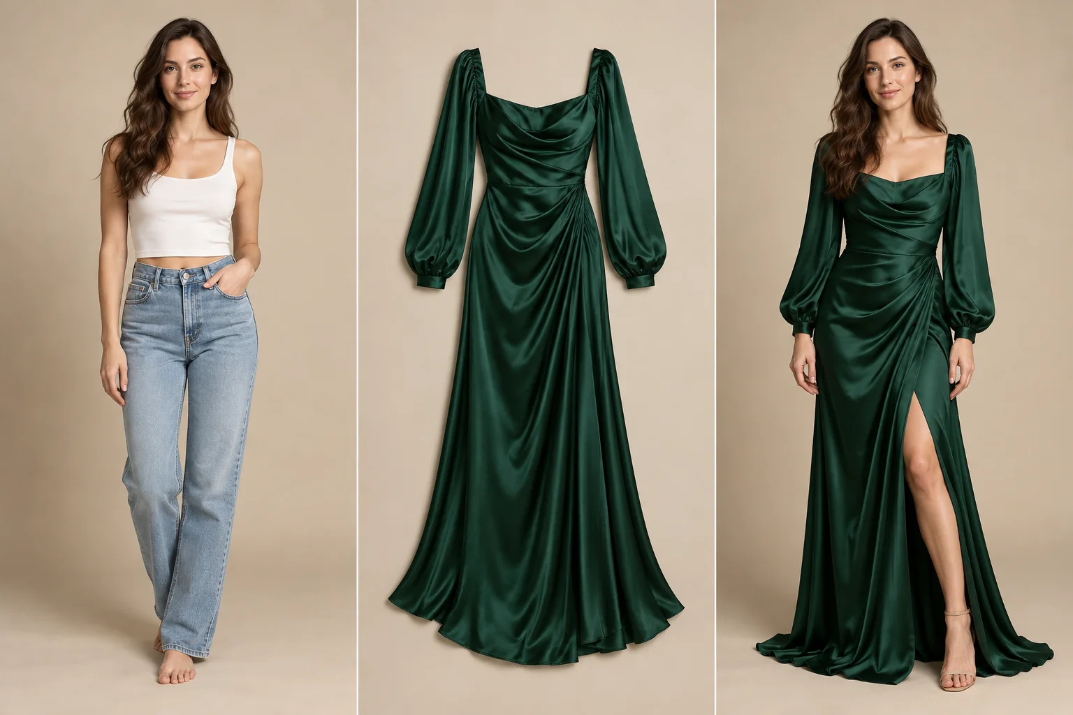 Person photo and green dress reference combined into an AI outfit change