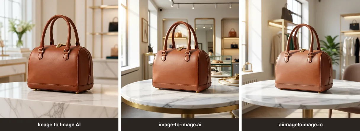 Product photo to ad comparison: the same handbag placed in a boutique by three image to image AI tools