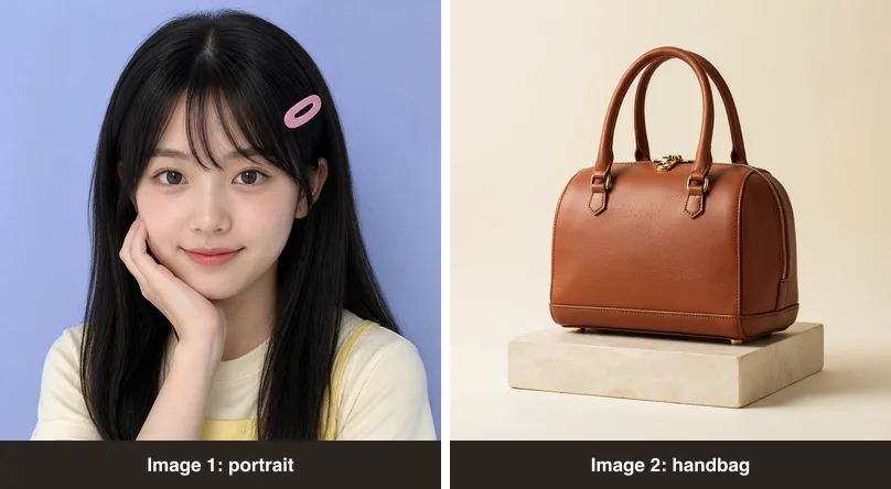 Source images used for the image to image AI test: a portrait and a brown leather handbag