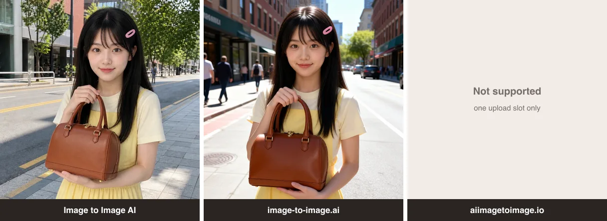 Multi-image comparison: a woman holding the handbag on a city street, made by Image to Image AI and image-to-image.ai