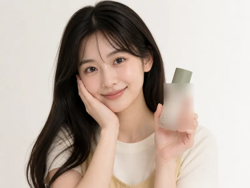 Multi-image result: realistic young woman holding the skincare bottle, keeping the pose of the source illustration