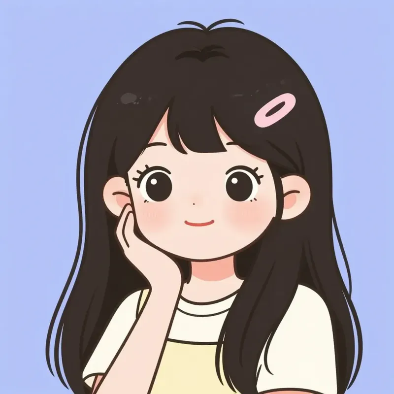 Source illustration of a girl with long black hair, a pink hair clip, a cream T-shirt, and yellow overall straps