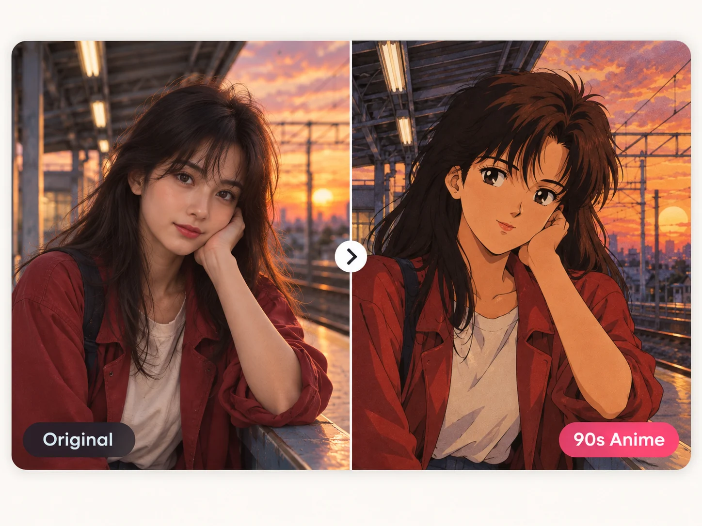 Person transformed from a photo into a 90s anime character