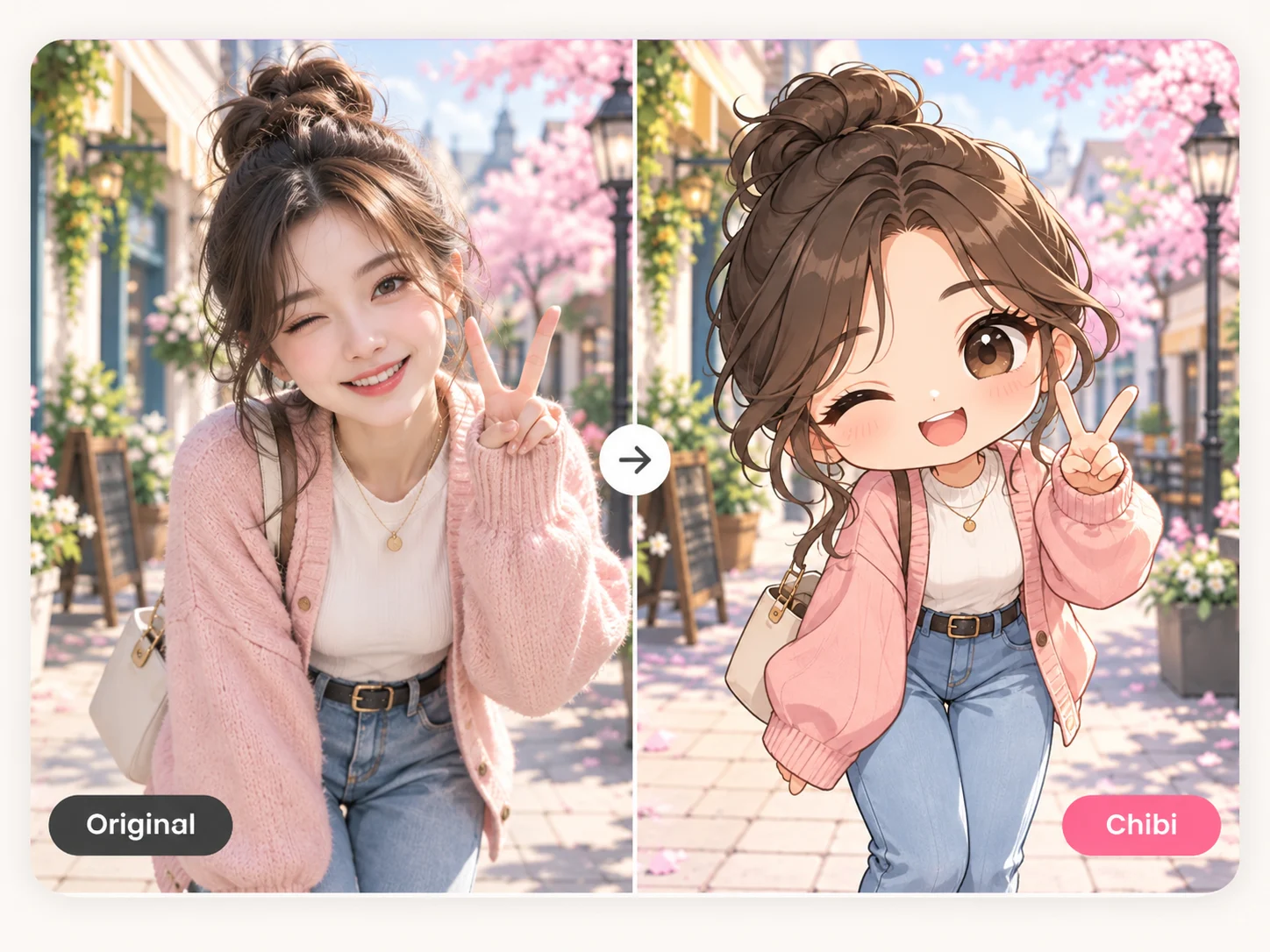 Person transformed from a photo into a chibi character