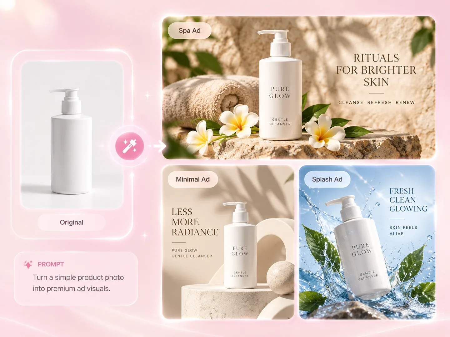 用 AI 把一张产品图变成 SPA、极简和水花风格广告创意
